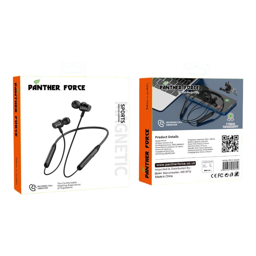 Panther Force Magnetic Sports Wireless Earphones - PF274 || Bluetooth, Sweat-Resistant, Premium Sound Quality, Comfortable Secure Fit Panther Force Magnetic Sports Wireless Earphones - PF274 || Bluetooth, Sweat-Resistant, Premium Sound Quality, Comfortable Secure Fit
